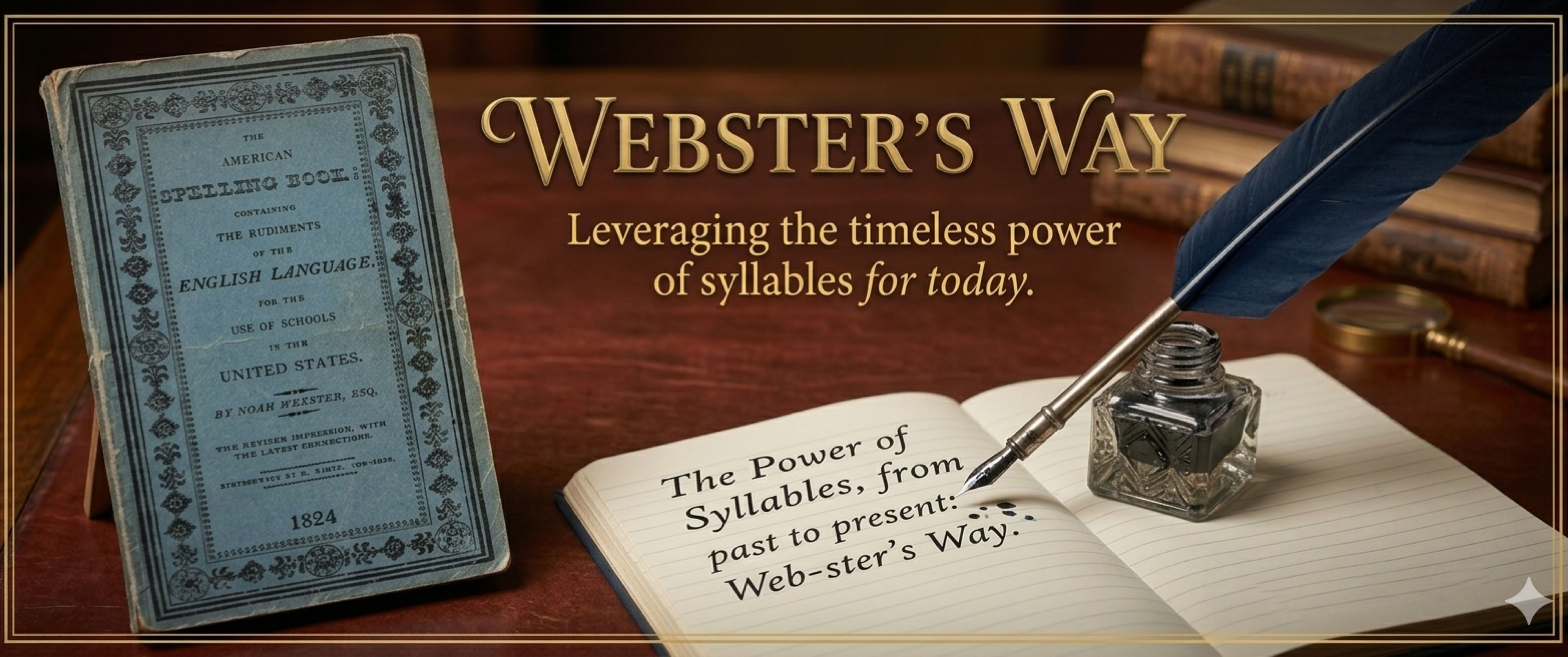 Writing with Quill pen, Blue-Backed Speller book, text "Webster's Way, leveraging hte timeless power of sylalbles for today"